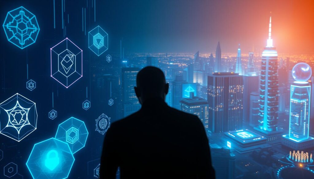 A dimly lit, futuristic scene depicting the evolution of blockchain security. In the foreground, a series of geometric shapes and symbols representing different blockchain protocols, each with intricate security mechanisms. The middle ground features a shadowy figure, likely an AI system, analyzing the blockchain data, uncovering patterns and anomalies. In the background, a vast, holographic cityscape with towering skyscrapers and glowing holograms, symbolizing the integration of blockchain and AI for secure transactions. The lighting is a mix of cool, blue tones and warm, amber hues, creating a sense of technological advancements and the ever-changing nature of blockchain security. A dimly lit, futuristic scene depicting the evolution of blockchain security. In the foreground, a series of geometric shapes and symbols representing different blockchain protocols, each with intricate security mechanisms. The middle ground features a shadowy figure, likely an AI system, analyzing the blockchain data, uncovering patterns and anomalies. In the background, a vast, holographic cityscape with towering skyscrapers and glowing holograms, symbolizing the integration of blockchain and AI for secure transactions. The lighting is a mix of cool, blue tones and warm, amber hues, creating a sense of technological advancements and the ever-changing nature of blockchain security.