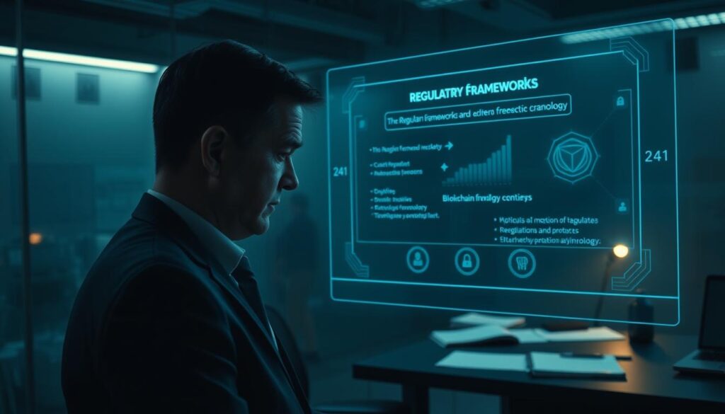 A dimly lit, high-tech office setting with a focus on a holographic display projecting regulatory frameworks, cryptocurrencies, and blockchain technology. In the foreground, a government official examines the display, brow furrowed in contemplation. The middle ground features a desk with various documents and a laptop, conveying the bureaucratic nature of the regulatory process. The background is hazy, with a sense of uncertainty and complexity surrounding the topic. Subtle blue and green hues create an atmospheric, tech-savvy ambiance, while shadows and highlights add depth and drama to the scene.