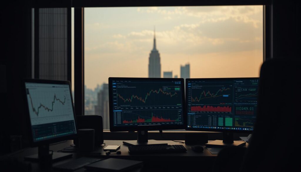 A dimly lit office interior, with a desk and computer setup in the foreground. On the screen, charts and graphs depicting market data and regulatory information. In the background, a cityscape visible through the window, hinting at the broader economic and legislative landscape. The lighting is moody, with warm tones and dramatic shadows, conveying a sense of contemplation and strategic planning. The scene evokes the challenges and complexities faced by cryptocurrency traders navigating an evolving regulatory environment. A dimly lit office interior, with a desk and computer setup in the foreground. On the screen, charts and graphs depicting market data and regulatory information. In the background, a cityscape visible through the window, hinting at the broader economic and legislative landscape. The lighting is moody, with warm tones and dramatic shadows, conveying a sense of contemplation and strategic planning. The scene evokes the challenges and complexities faced by cryptocurrency traders navigating an evolving regulatory environment.