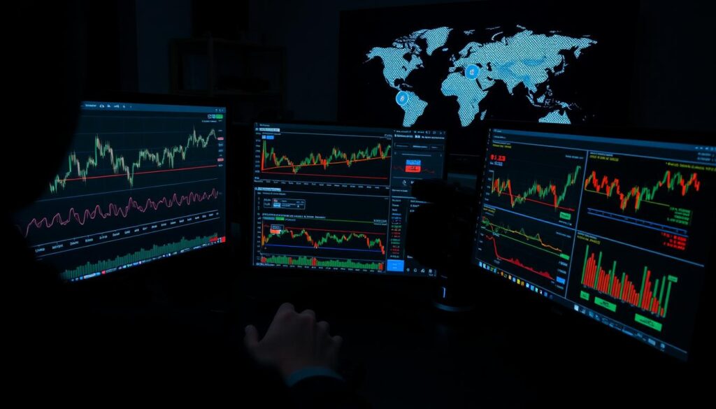A dimly lit office setting, with a data analyst intently studying financial charts and graphs on multiple computer screens. The foreground features the analyst's hands deftly interacting with the software, selecting and analyzing various statistical models for predicting price movements in the cryptocurrency market. The middle ground showcases a series of line charts, candlestick patterns, and algorithmic visualizations, each representing a different modeling approach. In the background, a world map with cryptocurrency exchange locations subtly displayed, creating a sense of the global nature of the market. The overall mood is one of focused determination, as the analyst seeks to unlock the insights necessary for a successful market-making strategy.