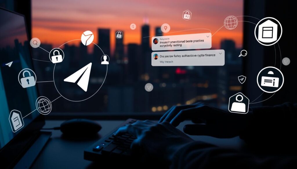 A dimly lit room, the glow of a Telegram interface casting a soft light. In the foreground, a pair of hands securely typing on a keyboard, symbols of encryption and security protocols swirling around them. In the middle ground, a Telegram chat displaying discussions on cryptocurrency best practices, with icons representing privacy, two-factor authentication, and data protection. The background fades into a cityscape at night, skyscrapers and neon signs hinting at the larger world of digital finance beyond the screen. The overall atmosphere is one of focused attention, technological prowess, and the importance of maintaining cybersecurity in the fast-paced crypto market.