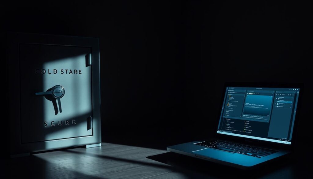 A dimly lit room, with a cold metal safe on the left and a laptop displaying a hot wallet interface on the right. The safe casts long shadows, symbolizing the secure but less accessible nature of cold storage. The laptop screen emits a soft glow, representing the convenience and connectivity of hot wallets. The two wallets stand in contrast, highlighting the inherent trade-offs between security and accessibility in cryptocurrency storage. The scene is shot from an angle, creating a sense of tension and the need to weigh the options carefully. Muted tones and a somber mood convey the importance of this decision for cryptocurrency users. A dimly lit room, with a cold metal safe on the left and a laptop displaying a hot wallet interface on the right. The safe casts long shadows, symbolizing the secure but less accessible nature of cold storage. The laptop screen emits a soft glow, representing the convenience and connectivity of hot wallets. The two wallets stand in contrast, highlighting the inherent trade-offs between security and accessibility in cryptocurrency storage. The scene is shot from an angle, creating a sense of tension and the need to weigh the options carefully. Muted tones and a somber mood convey the importance of this decision for cryptocurrency users.