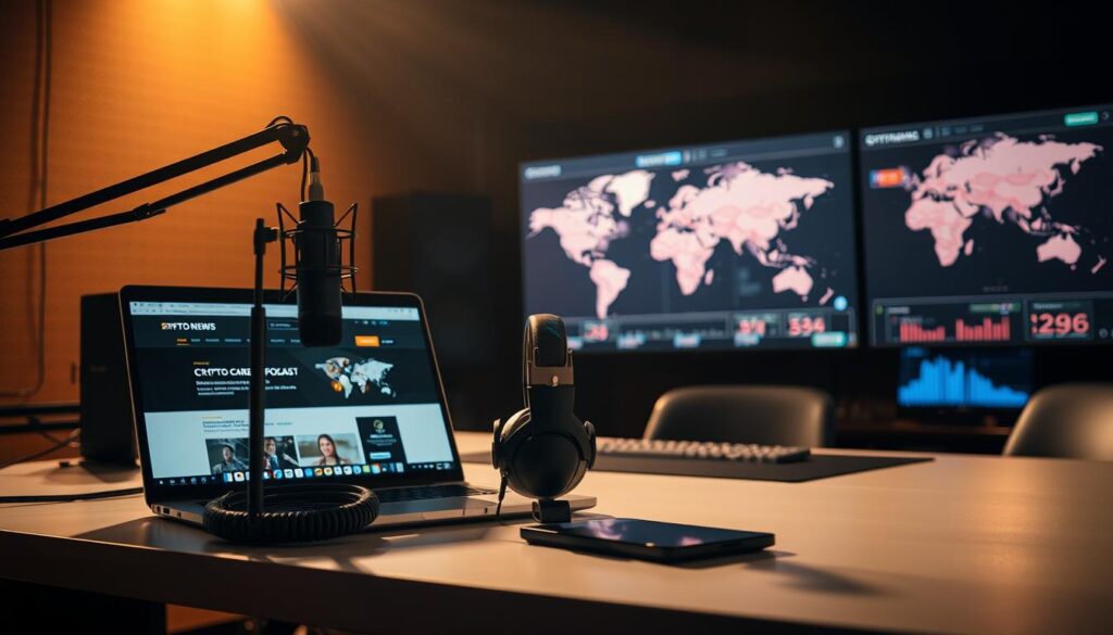 A dimly lit studio with a professional-grade microphone and headphones on a sleek, modern desk. In the foreground, a laptop displays a crypto news website, while in the background, a world map and charts on a large monitor suggest in-depth analysis and regulatory updates. Warm, indirect lighting casts a contemplative mood, hinting at the podcast's insights into the evolving crypto landscape and regulatory environment. The composition suggests a high-quality, authoritative podcast focused on providing valuable information to its audience.