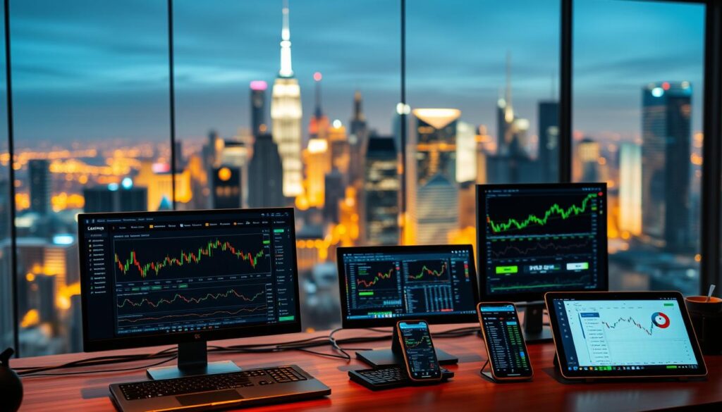 A diverse array of cryptocurrency trading signals displayed on multiple screens, illuminated by a warm, soft lighting. The foreground features a sleek, minimalist trading dashboard with customizable indicators and charts. The middle ground showcases various mobile devices and desktop monitors, each displaying a range of trading signals and analysis tools. In the background, a blurred cityscape with skyscrapers and a vibrant, futuristic skyline, conveying the global, interconnected nature of the crypto markets. The overall atmosphere is one of focus, precision, and a strategic approach to building a diversified portfolio of cryptocurrency trading signals.