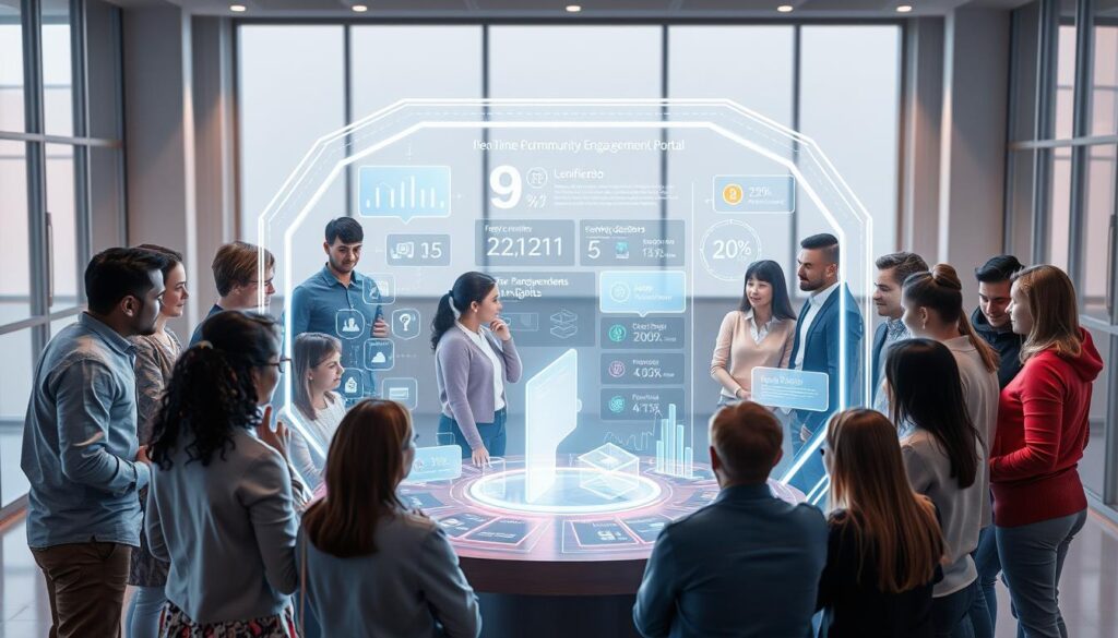A diverse group of individuals gathered around a stylized, holographic community engagement portal. The foreground features a futuristic, interactive display showcasing real-time participation metrics and insights. In the middle ground, avatars of community members engage in discussion, collaborating on decisions and voting. The background depicts a sleek, minimalist office setting with large windows, evoking a sense of transparency and openness. The lighting is soft and ambient, creating a welcoming atmosphere. The overall scene conveys the idea of a decentralized, inclusive community actively shaping the direction of a cryptocurrency project.