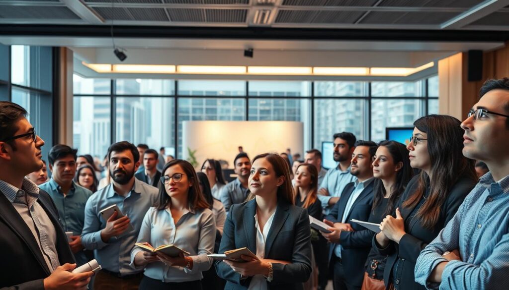 A diverse group of individuals gathered in a modern, well-lit conference room, intently focused on the presentation unfolding before them. In the foreground, a mix of traders, analysts, developers, and business leaders lean forward, notebooks in hand, eyes alight with curiosity and anticipation. The middle ground reveals a sleek, minimalist stage adorned with subtle crypto-themed accents, while the background showcases floor-to-ceiling windows offering a panoramic view of a bustling cityscape. The atmosphere is one of professional engagement, with an undercurrent of excitement as this audience prepares to embark on their AI-powered cryptocurrency trading certification journey.