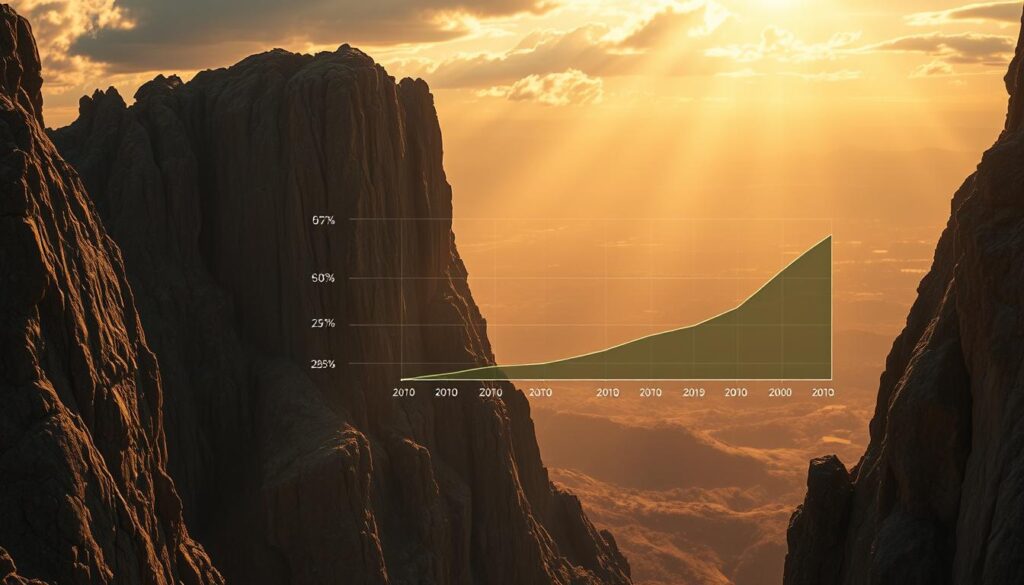 A dramatic, cinematic view of a rugged, imposing cliff face overlooking a vast, panoramic landscape. The cliff's jagged, angular silhouette stands in sharp contrast against a golden, sun-dappled sky. Beams of warm light cast dramatic shadows across the weathered, textured rock surface, creating a sense of depth and dimensionality. In the foreground, a sleek, futuristic-looking data visualization hovers, illustrating the mechanics of a cryptocurrency token's vesting schedule - the "cliff" period where tokens are locked, followed by a gradual, linear release. The overall mood is one of gravitas, technological sophistication, and the weight of financial obligations.