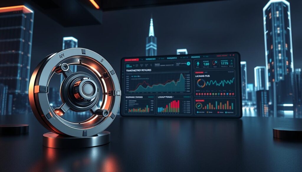 A dynamic 3D scene depicting the key factors that shape staking rewards, fees, and real returns in the present crypto market. In the foreground, a rotating abstract representation of staking rewards, with adjustable sliders and dials manipulating variables like APY, lockup period, and network fees. In the middle ground, a futuristic interface showcasing real-time market data, price charts, and staking yield analytics. The background features a sleek, minimalist cityscape with neon-lit skyscrapers, conveying a sense of technological innovation and financial prowess. Dramatic lighting, with strategic use of shadows and highlights, creates an atmosphere of sophistication and authority.