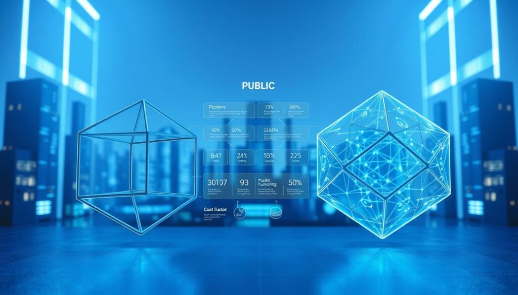 A dynamic 3D visualization of a cost comparison between private and public blockchain networks. In the foreground, two interconnected cubes symbolize the private and public blockchain models, with clear delineation between their cost structures. The private cube showcases a streamlined, efficient design, while the public cube appears more complex with multiple facets. In the middle ground, a detailed infographic displays the key cost factors for each network type, using intuitive icons and data visualizations. The background features a futuristic, minimalist cityscape bathed in cool, blue-tinted lighting, conveying a sense of technological innovation and progress. The overall composition emphasizes the fundamental differences in the economics of private and public blockchain systems.