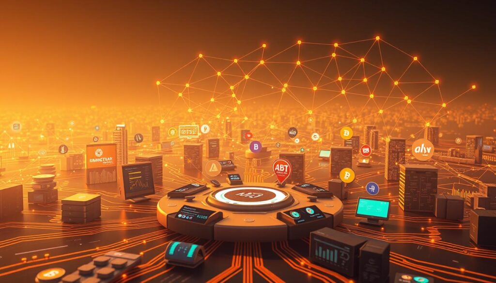 A dynamic and interconnected landscape of cryptocurrency exchanges, wallets, and APIs. In the foreground, a central hub of integrated platforms, with sleek interfaces and fluid data flows. In the middle ground, vibrant icons and symbols representing the various exchanges, each with its own unique identity. The background features a network of interconnected nodes, representing the intricate web of API connections that enable seamless integration and cross-platform functionality. The scene is bathed in a warm, futuristic glow, conveying a sense of cutting-edge technology and innovation. Subtle shadows and reflections add depth and dimensionality, while the overall composition suggests a harmonious balance between the individual components and the larger ecosystem.