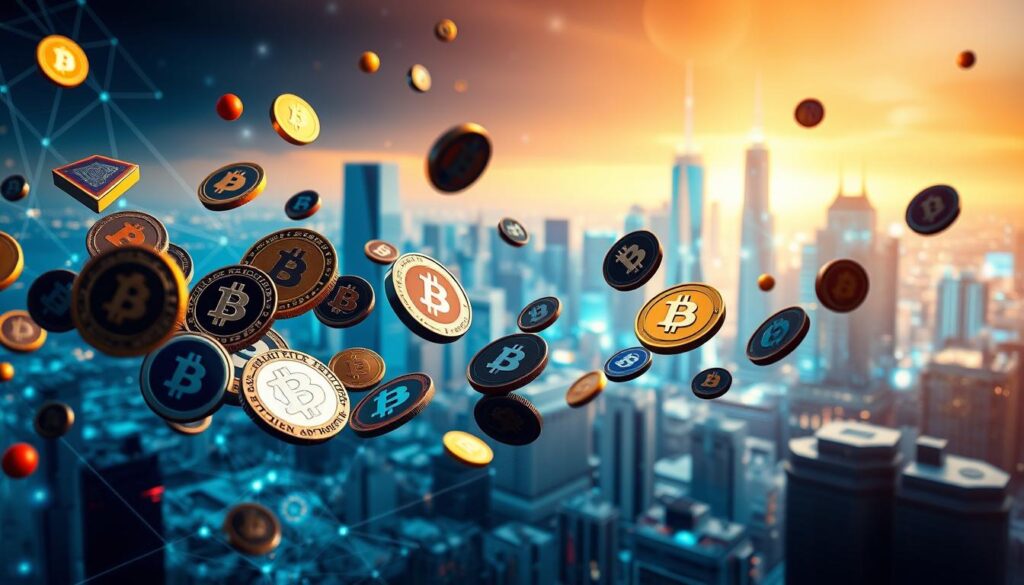 A dynamic and visually striking image of tokenized assets and ICOs (Initial Coin Offerings). In the foreground, a diverse array of digital tokens, each with its unique design and color scheme, float and swirl against a backdrop of futuristic geometric shapes and patterns. The middle ground features a cityscape of gleaming skyscrapers and interconnected blockchain networks, hinting at the widespread adoption and integration of these innovative financial instruments. The background is bathed in a warm, vibrant glow, evoking a sense of optimism and boundless potential. The image is captured through a wide-angle lens, emphasizing the scale and complexity of the tokenized assets ecosystem. Soft, diffused lighting creates a sense of depth and dimensionality, drawing the viewer into the dynamic, ever-evolving world of cryptocurrency investment opportunities. A dynamic and visually striking image of tokenized assets and ICOs (Initial Coin Offerings). In the foreground, a diverse array of digital tokens, each with its unique design and color scheme, float and swirl against a backdrop of futuristic geometric shapes and patterns. The middle ground features a cityscape of gleaming skyscrapers and interconnected blockchain networks, hinting at the widespread adoption and integration of these innovative financial instruments. The background is bathed in a warm, vibrant glow, evoking a sense of optimism and boundless potential. The image is captured through a wide-angle lens, emphasizing the scale and complexity of the tokenized assets ecosystem. Soft, diffused lighting creates a sense of depth and dimensionality, drawing the viewer into the dynamic, ever-evolving world of cryptocurrency investment opportunities.