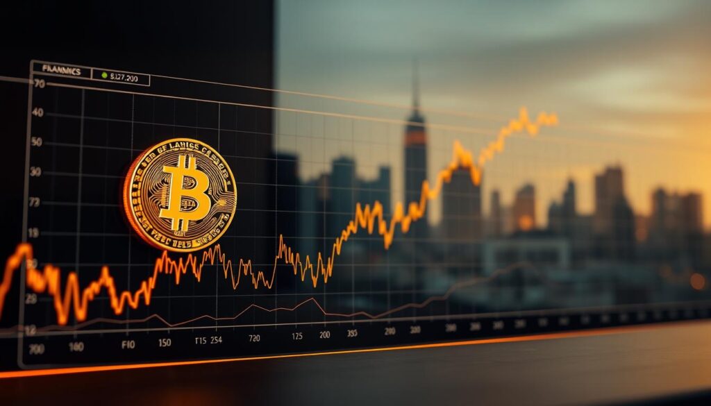 A dynamic bitcoin price chart against a sleek backdrop, illuminated by warm lighting and sharp lens focus. In the foreground, a detailed line graph depicts the cryptocurrency's price fluctuations and upward trend, accompanied by analytical data points and forecasting models. The midground showcases a captivating 3D bitcoin icon, its facets reflecting the complex forces shaping the currency's future. The background features a minimalist cityscape, hinting at bitcoin's global impact and integration into the financial landscape. The overall composition conveys a sense of data-driven insights, technological innovation, and the promising potential of this digital asset. A dynamic bitcoin price chart against a sleek backdrop, illuminated by warm lighting and sharp lens focus. In the foreground, a detailed line graph depicts the cryptocurrency's price fluctuations and upward trend, accompanied by analytical data points and forecasting models. The midground showcases a captivating 3D bitcoin icon, its facets reflecting the complex forces shaping the currency's future. The background features a minimalist cityscape, hinting at bitcoin's global impact and integration into the financial landscape. The overall composition conveys a sense of data-driven insights, technological innovation, and the promising potential of this digital asset.