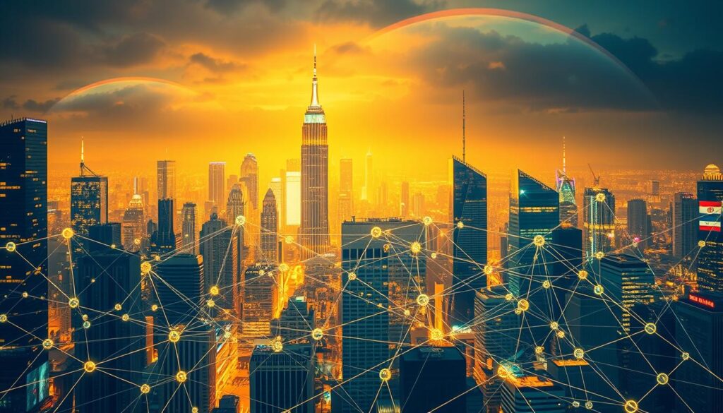 A dynamic cityscape illuminated by the neon glow of skyscrapers, symbolizing the ever-evolving cryptocurrency landscape. In the foreground, a tangled web of regulations and compliance guidelines represented by intricate, interconnected lines. In the middle ground, a diverse array of blockchain-powered applications, each with its own unique regulatory considerations. The background showcases the global nature of the cryptocurrency market, with international flags and symbols hinting at the complex web of national and international policies. The scene is bathed in a warm, futuristic lighting, reflecting the promise and potential of this dynamic and rapidly evolving financial ecosystem.