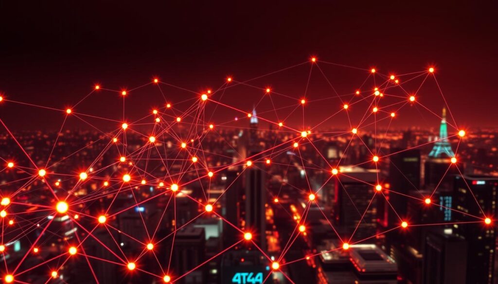 A dynamic, data-driven visualization showcasing the mid-cap AI sector network. In the foreground, a sleek, interconnected web of nodes and edges, representing the diverse companies and their complex relationships. The nodes pulsate with vibrant, neon-like colors, conveying the energy and growth potential of this emerging market. In the middle ground, a panoramic view of the sector's key players, their logos subtly integrated into the network structure. The background features a moody, futuristic cityscape, hinting at the urban tech hubs that foster innovation. Illuminated by a warm, soft lighting that casts a dreamlike glow, the entire scene evokes a sense of technological prowess and boundless opportunity within the mid-cap AI landscape.