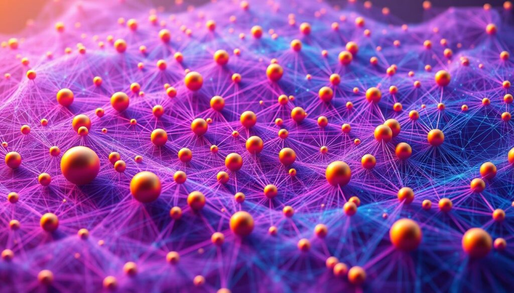 A dynamic data visualization depicting the interconnected nature of the cryptocurrency market. A 3D scatter plot arrangement with various cryptocurrencies represented as spheres, their sizes proportional to market capitalization. Vibrant hues of blue, purple, and orange create a visually striking landscape, with threads of multicolored lines connecting the spheres, illustrating the correlations between assets. The scene is bathed in a warm, diffused lighting, creating depth and a sense of movement. The camera angle is slightly elevated, providing an expansive view of the entire cryptocurrency ecosystem, inviting the viewer to explore the complex web of market relationships.