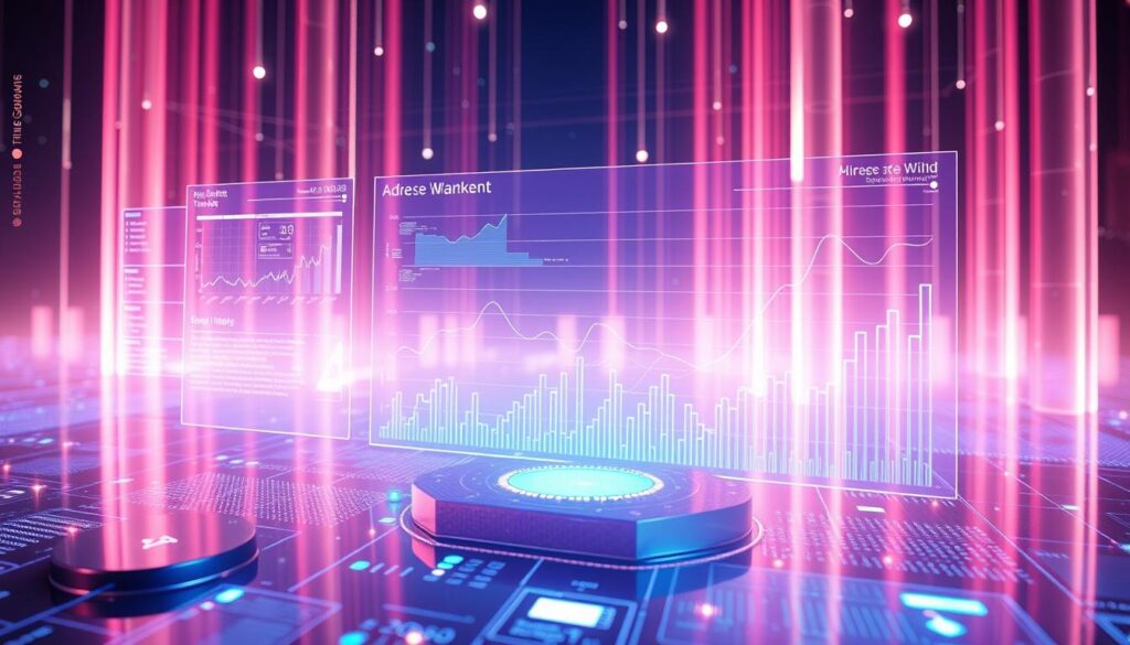 A dynamic data visualization showcasing the latest trends in the vibrant NFT market. A clean, minimalist interface with sleek data charts and interactive elements floating in a futuristic, holographic setting. The scene is bathed in a soft, ethereal lighting that casts a mesmerizing glow, creating a sense of technological sophistication. The charts and graphs are rendered with precision, conveying complex market insights in a visually captivating manner. The overall atmosphere is one of technological advancement, innovation, and the boundless potential of the digital art economy.