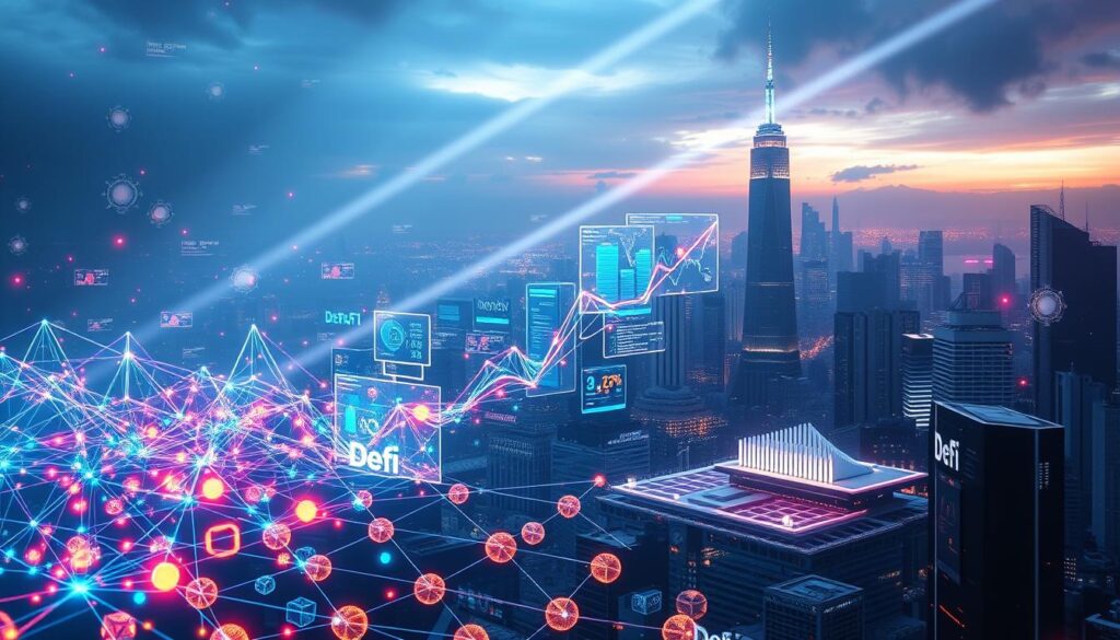 A dynamic, futuristic scene depicting the exponential growth of the DeFi ecosystem. In the foreground, a vibrant visualization of interconnected blockchain networks, DeFi protocols, and decentralized applications, all pulsing with activity and energy. In the middle ground, holographic data visualizations and interactive dashboards showcase the real-time growth and adoption of DeFi. The background is a sleek, minimalist cityscape with towering skyscrapers and neon-lit skylines, symbolizing the integration of DeFi into the broader financial landscape. Dramatic lighting, with beams of light cutting through the scene, creates a sense of depth and technological advancement. The overall mood is one of progress, innovation, and the transformative potential of decentralized finance.