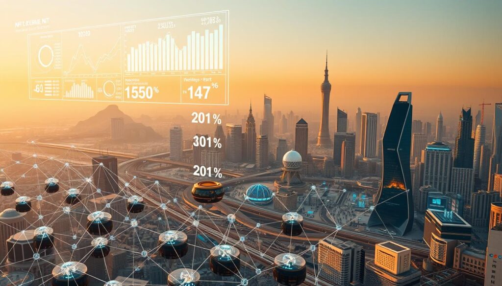 A dynamic panoramic view of the evolving NFT market landscape. In the foreground, a network of interconnected digital art pieces, each a unique digital asset. Hovering above, holographic market data charts and analytics visualize the fluctuating trends. In the middle ground, a bustling digital exchange, with buyers, sellers, and collectors engaged in lively transactions. The background depicts a futuristic cityscape, with towering blockchain-powered skyscrapers and virtual reality interfaces. Warm, diffused lighting casts a sense of innovation and progress, while a subtle haze suggests the rapid pace of change. The overall composition conveys the rapid evolution, complexity, and global impact of the burgeoning NFT ecosystem.
