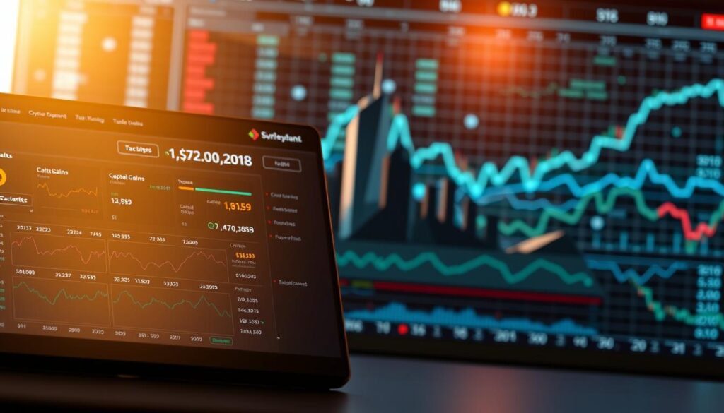 A dynamic, real-world crypto exchange interface with a focus on tax implications. In the foreground, a detailed dashboard showcasing capital gains, losses, and tax-related metrics. The middle ground features a stylized 3D model of a city skyline, symbolizing the global reach of cryptocurrency trading. In the background, a subtle data visualization grid, highlighting the complexities of crypto tax reporting. Lighting is a blend of warm and cool tones, creating a sense of professionalism and authority. The overall composition conveys the intricate relationship between cryptocurrency investments and tax obligations.