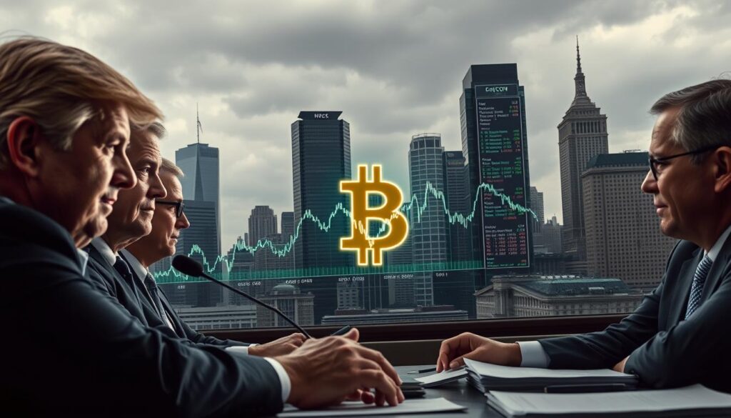 A dynamic scene depicting regulatory developments and their impact on Bitcoin's valuation. In the foreground, a group of policymakers deliberate, their expressions conveying the gravity of the moment. In the middle ground, a glowing Bitcoin symbol pulses, its value chart fluctuating against a backdrop of stock market data and financial news headlines. The background features a cityscape, with towering skyscrapers and an overcast sky, hinting at the economic uncertainty. The lighting is dramatic, casting long shadows and highlighting the tension in the scene. The composition is balanced, drawing the viewer's eye to the central elements while conveying the broader context of the subject matter. A dynamic scene depicting regulatory developments and their impact on Bitcoin's valuation. In the foreground, a group of policymakers deliberate, their expressions conveying the gravity of the moment. In the middle ground, a glowing Bitcoin symbol pulses, its value chart fluctuating against a backdrop of stock market data and financial news headlines. The background features a cityscape, with towering skyscrapers and an overcast sky, hinting at the economic uncertainty. The lighting is dramatic, casting long shadows and highlighting the tension in the scene. The composition is balanced, drawing the viewer's eye to the central elements while conveying the broader context of the subject matter.