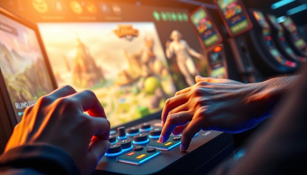 A dynamic scene of a player immersed in a crypto game, their hands expertly navigating the controls as they strive to maximize their earnings. The foreground features a detailed, high-resolution depiction of the player's hands and the game interface, with vibrant colors and crisp textures. The middle ground showcases the game's captivating visuals, with intricate digital landscapes and captivating in-game elements. The background blurs into a soft, ethereal glow, creating a sense of focus and immersion. The lighting is balanced, with warm tones and highlights accentuating the player's engagement. The overall composition conveys a sense of determination, skill, and the thrill of earning in the crypto gaming world. A dynamic scene of a player immersed in a crypto game, their hands expertly navigating the controls as they strive to maximize their earnings. The foreground features a detailed, high-resolution depiction of the player's hands and the game interface, with vibrant colors and crisp textures. The middle ground showcases the game's captivating visuals, with intricate digital landscapes and captivating in-game elements. The background blurs into a soft, ethereal glow, creating a sense of focus and immersion. The lighting is balanced, with warm tones and highlights accentuating the player's engagement. The overall composition conveys a sense of determination, skill, and the thrill of earning in the crypto gaming world.