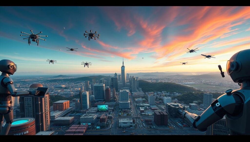 A dynamic scene of real-world autonomous agents powering innovative use cases. In the foreground, intelligent agents engage in diverse activities - from monitoring environmental data, to automating supply chain logistics, to facilitating secure transactions. The middle ground features a bustling cityscape, with skyscrapers and infrastructure seamlessly integrated with agent-driven systems. In the background, sweeping vistas of rolling hills and a vibrant sky, conveying a sense of harmony between technology and the natural world. Crisp, high-resolution imagery captured with a wide-angle lens, illuminated by warm, ambient lighting that accentuates the collaborative, future-forward atmosphere.