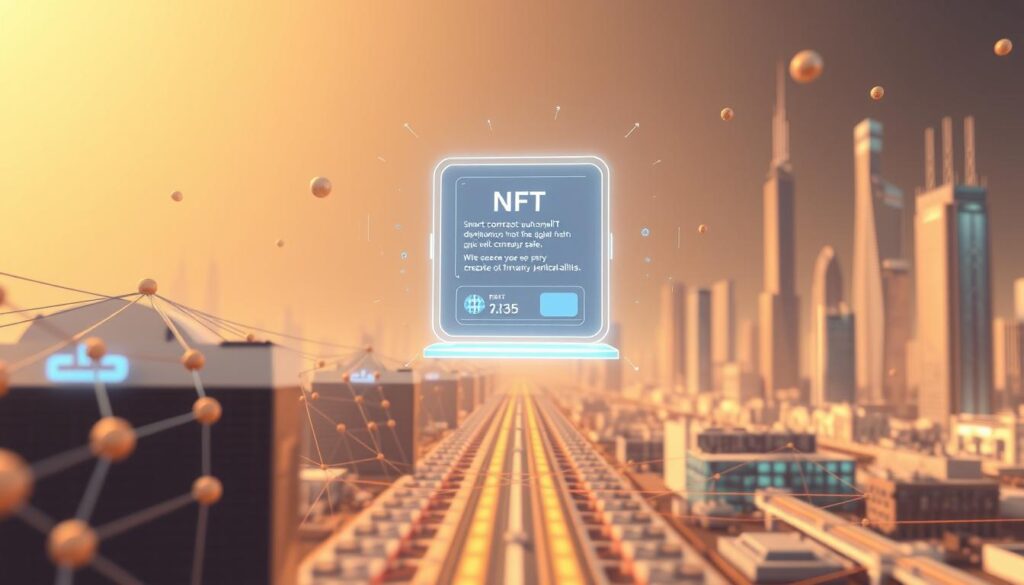 A dynamic, sleek, and modern 3D rendering of a smart contract automating the process of NFT royalty payments. The foreground depicts an abstract representation of the blockchain network, with digital tokens and currencies flowing seamlessly through a series of interconnected nodes. In the middle ground, a holographic smart contract interface hovers, showcasing the automation of royalty distribution to the original NFT creator upon each secondary sale. The background features a futuristic cityscape, with skyscrapers and architectural elements rendered in a minimalist, high-tech style, conveying a sense of technological advancement and innovation. The overall scene is illuminated by a warm, diffused lighting that casts a soft glow, creating an atmosphere of efficiency, transparency, and financial empowerment for NFT creators. A dynamic, sleek, and modern 3D rendering of a smart contract automating the process of NFT royalty payments. The foreground depicts an abstract representation of the blockchain network, with digital tokens and currencies flowing seamlessly through a series of interconnected nodes. In the middle ground, a holographic smart contract interface hovers, showcasing the automation of royalty distribution to the original NFT creator upon each secondary sale. The background features a futuristic cityscape, with skyscrapers and architectural elements rendered in a minimalist, high-tech style, conveying a sense of technological advancement and innovation. The overall scene is illuminated by a warm, diffused lighting that casts a soft glow, creating an atmosphere of efficiency, transparency, and financial empowerment for NFT creators.