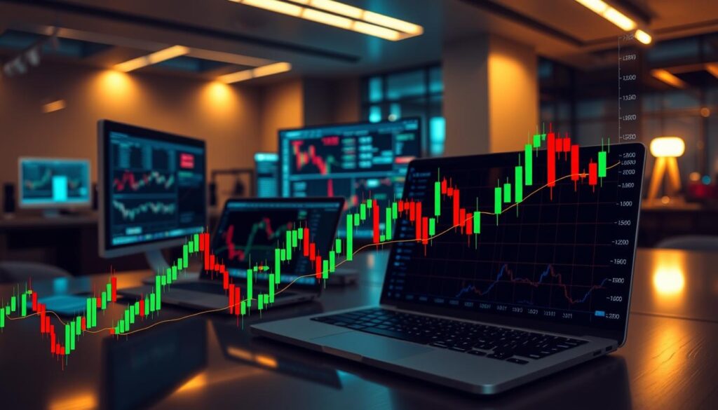 A dynamic trading chart against a backdrop of a sleek, modern financial office. In the foreground, a bold, colorful candlestick chart displays trading patterns - breakouts, pullbacks, and range-bound movements. The chart is rendered with precise, high-resolution detail, capturing the nuances of price action. In the middle ground, a laptop displays algorithmic trading signals, while financial data streams across multiple monitors. The scene is bathed in warm, directional lighting, creating depth and emphasizing the technical analysis at the heart of the image. The overall mood is one of focused intensity, reflecting the strategic nature of the trading strategies depicted. A dynamic trading chart against a backdrop of a sleek, modern financial office. In the foreground, a bold, colorful candlestick chart displays trading patterns - breakouts, pullbacks, and range-bound movements. The chart is rendered with precise, high-resolution detail, capturing the nuances of price action. In the middle ground, a laptop displays algorithmic trading signals, while financial data streams across multiple monitors. The scene is bathed in warm, directional lighting, creating depth and emphasizing the technical analysis at the heart of the image. The overall mood is one of focused intensity, reflecting the strategic nature of the trading strategies depicted.
