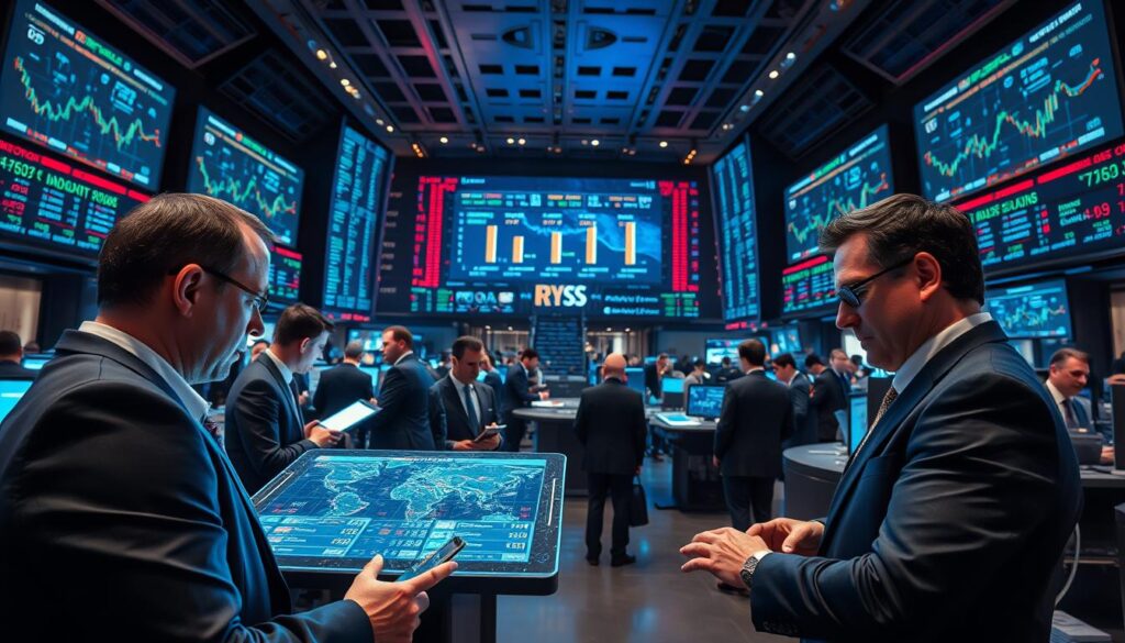 A dynamic trading floor with a panoramic view of a bustling cryptocurrency exchange. In the foreground, brokers in sleek suits analyze data streams on holographic displays, their expressions intense as they react to market fluctuations. In the middle ground, a giant digital ticker displays the latest prices, reflecting the ebb and flow of global trading activity. The background is dominated by towering video walls, showcasing real-time visualizations of transaction volumes and investor sentiment, bathed in a cool, futuristic lighting scheme. The overall atmosphere conveys a sense of high-stakes decision-making, where the actions of major players can significantly impact the broader cryptocurrency market. A dynamic trading floor with a panoramic view of a bustling cryptocurrency exchange. In the foreground, brokers in sleek suits analyze data streams on holographic displays, their expressions intense as they react to market fluctuations. In the middle ground, a giant digital ticker displays the latest prices, reflecting the ebb and flow of global trading activity. The background is dominated by towering video walls, showcasing real-time visualizations of transaction volumes and investor sentiment, bathed in a cool, futuristic lighting scheme. The overall atmosphere conveys a sense of high-stakes decision-making, where the actions of major players can significantly impact the broader cryptocurrency market.