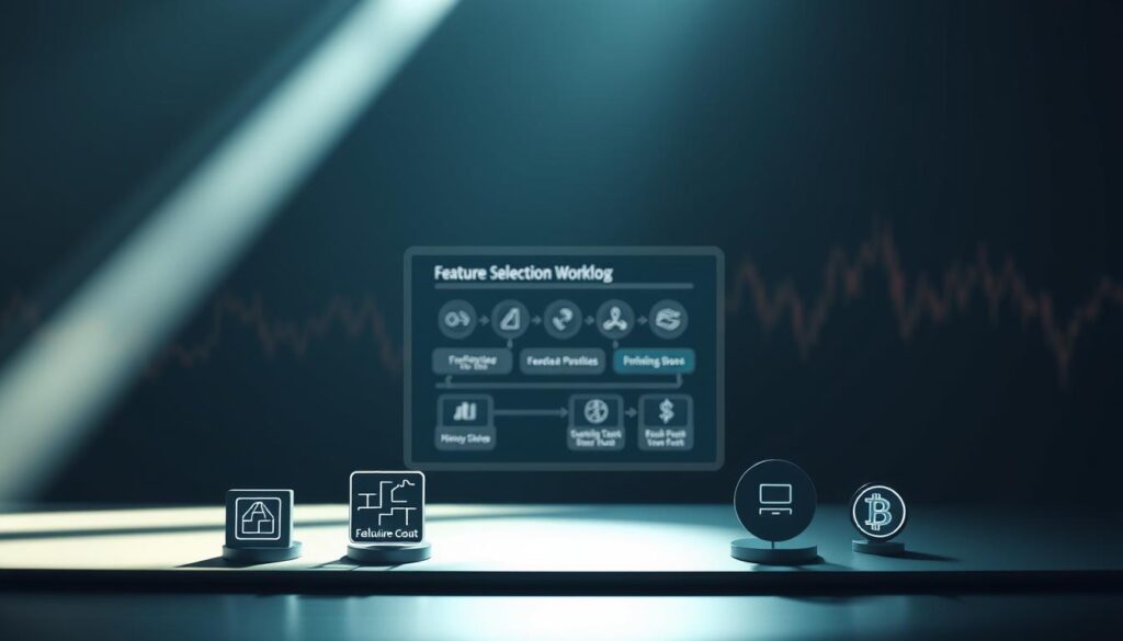 A dynamic visualization of feature selection, illuminated by soft, directional lighting that casts subtle shadows. In the foreground, a set of intuitive icons representing various machine learning techniques, each carefully curated to capture the essence of the feature engineering process. In the middle ground, a sleek, minimalist interface showcases a visual representation of the feature selection workflow, guiding the viewer through the key steps. The background features a subtle, abstract pattern suggestive of cryptocurrency market data, hinting at the broader context of the article's subject matter. The overall composition is designed to convey a sense of thoughtful, data-driven decision-making, with a touch of modern, technical elegance. A dynamic visualization of feature selection, illuminated by soft, directional lighting that casts subtle shadows. In the foreground, a set of intuitive icons representing various machine learning techniques, each carefully curated to capture the essence of the feature engineering process. In the middle ground, a sleek, minimalist interface showcases a visual representation of the feature selection workflow, guiding the viewer through the key steps. The background features a subtle, abstract pattern suggestive of cryptocurrency market data, hinting at the broader context of the article's subject matter. The overall composition is designed to convey a sense of thoughtful, data-driven decision-making, with a touch of modern, technical elegance.
