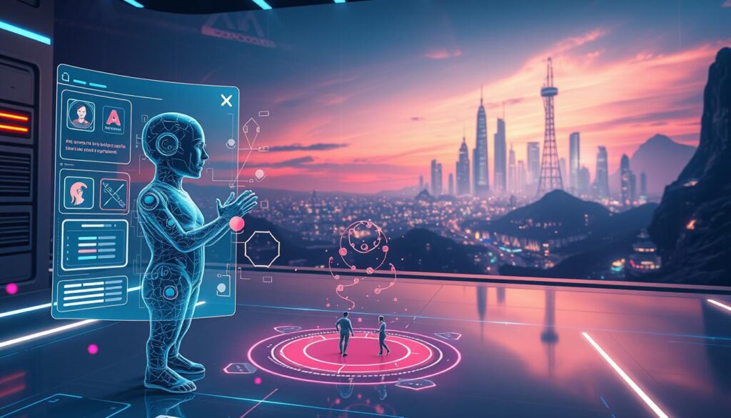 A dynamic, visually captivating NFT personalization scene. In the foreground, a futuristic digital avatar is being customized with sleek, holographic UI elements. Intricate 3D models, colorful particle effects, and seamless animations bring the personalization process to life. The middle ground features a minimalist, high-tech workspace with clean lines and subtle ambient lighting. In the background, a vast, cyberpunk-inspired landscape with towering data towers, glowing neon accents, and a hint of a holographic skyline. The overall atmosphere is one of innovation, creativity, and the boundless potential of AI-driven NFT personalization.