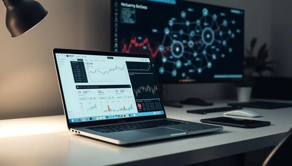 A financial analyst's workspace with a sleek, modern aesthetic. On the desk, a laptop displays a cryptocurrency trading dashboard, charts, and analytical tools. Soft, directional lighting illuminates the scene, casting subtle shadows. In the background, a large monitor displays a visual representation of a cryptocurrency market analysis strategy, with interconnected data points and algorithms. The overall atmosphere conveys a sense of focused, analytical inquiry into the complexities of the cryptocurrency market.