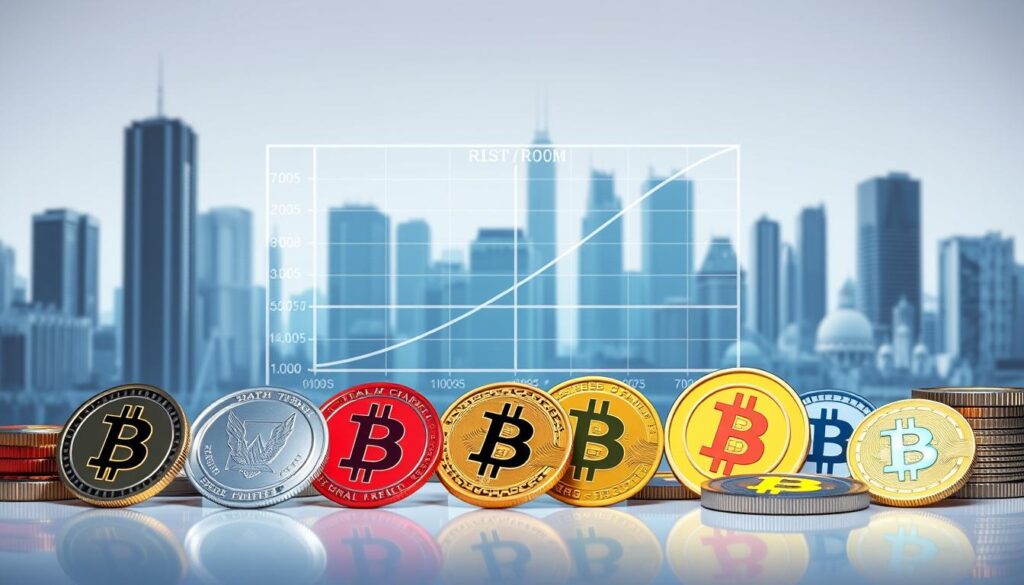 A finely-detailed digital illustration depicting a cryptocurrency portfolio diversification strategy. In the foreground, a series of vibrant cryptocurrencies represented by their unique icons, arranged in a balanced, asymmetrical composition. In the middle ground, a three-dimensional graph displaying risk and return metrics, with different investment options plotted across it. The background features a clean, minimalist cityscape with skyscrapers, conveying a sense of the modern, technological landscape of the crypto world. The lighting is soft and diffused, creating depth and emphasizing the digital, futuristic atmosphere. The overall mood is one of analytical clarity, strategic planning, and sophisticated financial decision-making.