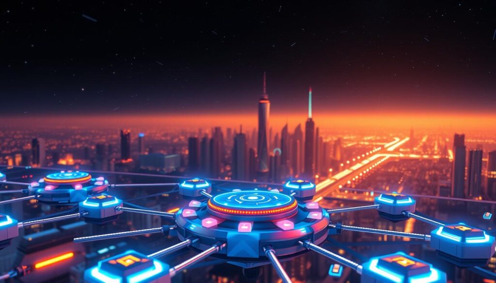 A futuristic 3D render of a network of interconnected nodes, signifying the Render Network platform. In the foreground, a central hub with glowing, holographic interfaces, surrounded by smaller nodes connected by pulsing energy beams. The middle ground features a cityscape backdrop, with towering skyscrapers and hovering vehicles, all bathed in a warm, neon-tinged glow. The background is a vast, starry expanse, hinting at the global, decentralized nature of the Render Network. Crisp, high-resolution textures, dynamic lighting, and a sleek, minimalist aesthetic convey the advanced, cutting-edge technology powering the Render token RNDR GPU rendering blockchain.