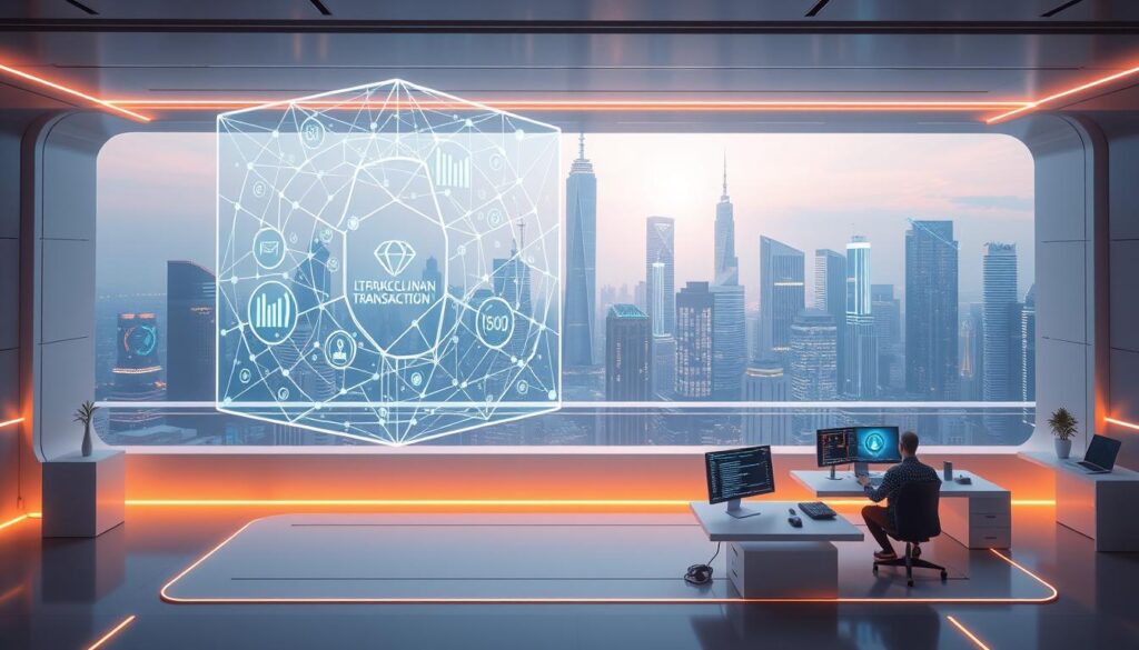 A futuristic and sleek blockchain development environment, featuring a minimalist interface with clean lines and geometric shapes. The foreground displays a floating holographic display showcasing blockchain transaction data, with an array of interconnected nodes and smart contract visualizations. The middle ground includes a series of floating command terminals and coding interfaces, with developers collaborating in a well-lit, modern workspace. The background depicts a cityscape of towering skyscrapers, with glowing neon accents and a sense of technological advancement. The overall scene conveys a sense of innovation, efficiency, and the cutting-edge nature of blockchain development.
