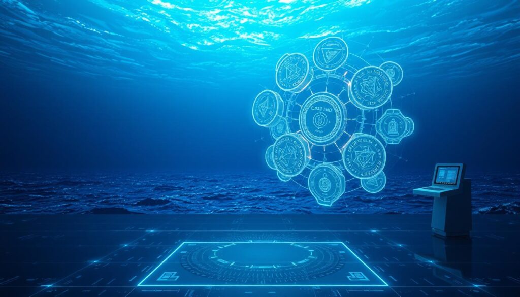 A futuristic and sleek data marketplace set against a backdrop of a vast, shimmering ocean. In the foreground, a cluster of translucent, glowing datatokens and data NFTs float in a holographic display, their intricate patterns and structures hinting at the valuable information they contain. In the middle ground, sleek and minimalist data servers and terminals stand ready to facilitate secure transactions, their soft blue lighting casting an ethereal glow. The background is dominated by the vast, deep blue expanse of the ocean, with hints of underwater currents and marine life visible in the distance, representing the ocean of data available for exchange. The overall atmosphere is one of innovation, technology, and the boundless potential of data-driven economies.