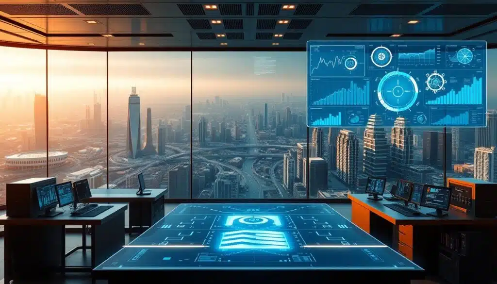 A futuristic business intelligence dashboard showcasing AI-powered blockchain data analysis. In the foreground, a holographic display presents a series of dynamic data visualizations, charts, and insights, conveying the power of AI to uncover hidden patterns and trends. The middle ground features a minimalist, glass-enclosed workspace with sleek, high-tech workstations and a central command console. The background depicts a sprawling cityscape of gleaming skyscrapers and towering data centers, symbolizing the scale and integration of this cutting-edge technology. Warm, ambient lighting and a color palette of blues, grays, and whites create a sense of sophistication and innovation. The overall scene evokes a vision of how artificial intelligence and blockchain can converge to unlock groundbreaking business intelligence.
