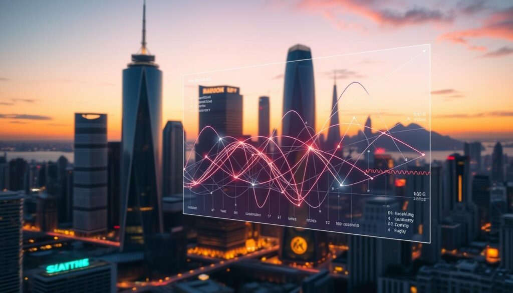 A futuristic cityscape at dusk, with gleaming skyscrapers and a dynamic skyline. In the foreground, a holographic display showcases a visualization of digital asset correlations, with lines and curves representing the intricate relationships between cryptocurrencies, stocks, and other financial instruments. The display is bathed in a warm, ethereal glow, reflecting the complexity and unpredictability of the evolving digital asset landscape. In the background, the city is alive with activity, hinting at the integration of technology and finance in the years to come. The overall scene conveys a sense of technological advancement, financial interconnectedness, and the anticipation of future trends in the digital asset market.