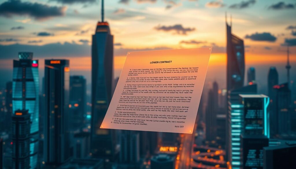 A futuristic cityscape at dusk, with towering skyscrapers and glowing holograms. In the foreground, a transparent digital contract hovers, its terms secured by an intricate web of blockchain-powered smart contract protocols. A sleek, AI-driven audit system analyzes the contract, highlighting potential vulnerabilities and offering real-time security recommendations. The background is illuminated by the warm glow of emerging technologies, conveying a sense of innovation and the transformative power of AI-enhanced contract security. A futuristic cityscape at dusk, with towering skyscrapers and glowing holograms. In the foreground, a transparent digital contract hovers, its terms secured by an intricate web of blockchain-powered smart contract protocols. A sleek, AI-driven audit system analyzes the contract, highlighting potential vulnerabilities and offering real-time security recommendations. The background is illuminated by the warm glow of emerging technologies, conveying a sense of innovation and the transformative power of AI-enhanced contract security.