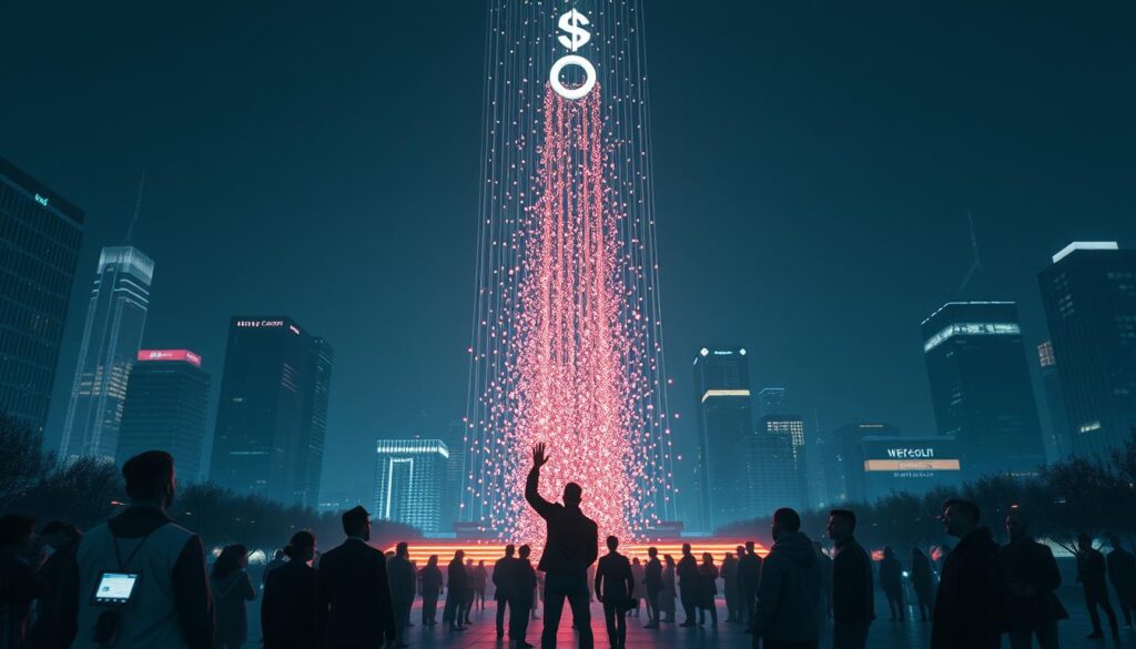 A futuristic cityscape at night, with a towering skyscraper in the background. In the foreground, a group of people stand in an open plaza, their faces illuminated by the soft glow of holographic displays. A central figure raises their hand, triggering a cascade of glimmering particles that drift downwards, representing the simulated airdrop of cryptocurrency tokens. The scene is bathed in a cool, neon-tinged lighting, creating a sense of technological wonder and anticipation. The composition is framed from a slightly elevated angle, giving a sense of scale and grandeur to the event unfolding below.