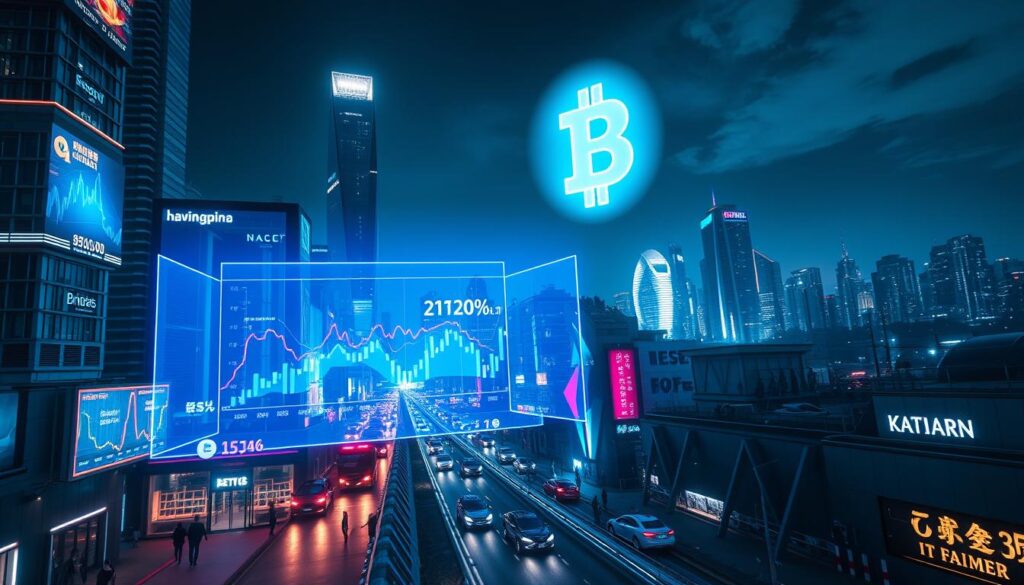 A futuristic cityscape at night, with towering skyscrapers and neon-lit billboards displaying real-time cryptocurrency market data. In the foreground, a holographic projection hovers, showcasing vibrant line graphs and charts that track the rise and fall of various digital currencies. The scene is bathed in a cool, azure glow, creating an atmospheric and tech-savvy ambiance. The middle ground features a bustling street, with pedestrians and autonomous vehicles navigating the urban landscape, all under the watchful eye of a glowing, ethereal cryptocurrency symbol that dominates the skyline. The background is a panoramic view of the city, with the horizon illuminated by the pulsing lights of the cryptocurrency exchange hub.