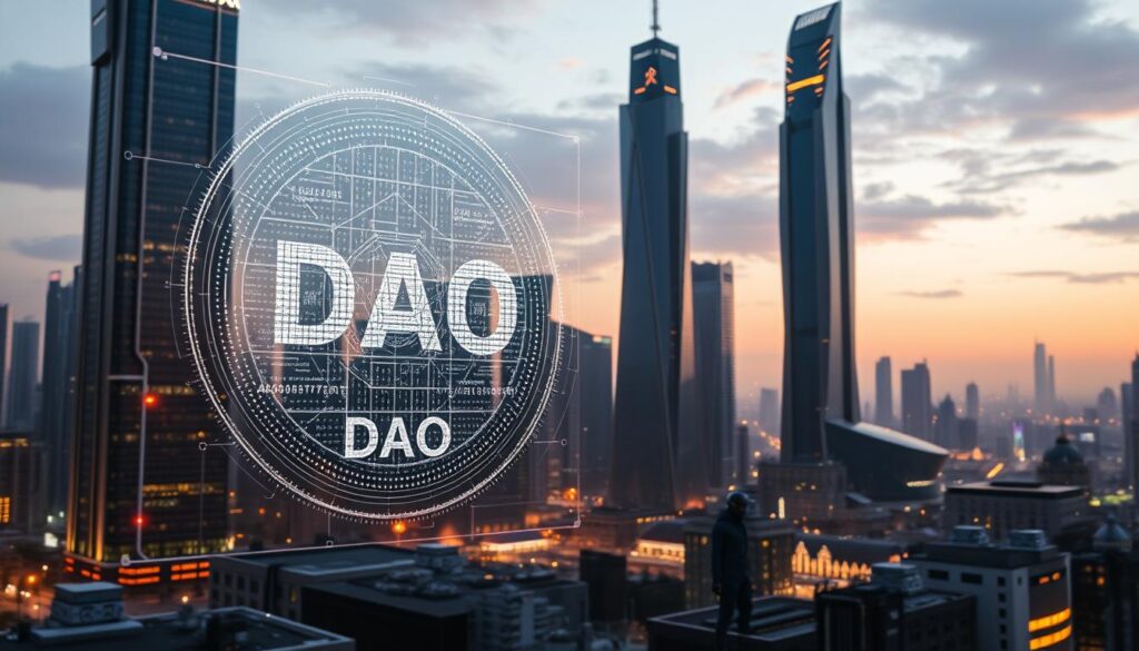 A futuristic cityscape bathed in a soft, ambient glow. In the foreground, a holographic display showcases a decentralized autonomous organization (DAO) interface, its intricate algorithms and risk management protocols visualized as a mesmerizing data lattice. In the middle ground, sleek humanoid AI beings move through the urban landscape, their movements coordinated by the DAO's distributed consensus. The background depicts towering skyscrapers, their facades adorned with advanced sensor arrays and security systems, all connected to the DAO's overarching intelligence. The scene conveys a sense of technological sophistication, strategic risk oversight, and the seamless integration of AI and decentralized governance. A futuristic cityscape bathed in a soft, ambient glow. In the foreground, a holographic display showcases a decentralized autonomous organization (DAO) interface, its intricate algorithms and risk management protocols visualized as a mesmerizing data lattice. In the middle ground, sleek humanoid AI beings move through the urban landscape, their movements coordinated by the DAO's distributed consensus. The background depicts towering skyscrapers, their facades adorned with advanced sensor arrays and security systems, all connected to the DAO's overarching intelligence. The scene conveys a sense of technological sophistication, strategic risk oversight, and the seamless integration of AI and decentralized governance.