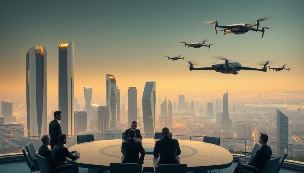 A futuristic cityscape bathed in warm, diffused lighting, conveying a sense of stability and order. In the foreground, a group of individuals in formal attire gather around a sleek, glass-encased conference table, engaged in deep discussion. The middle ground features towering skyscrapers with clean, geometric designs, their facades reflecting the city's harmonious atmosphere. In the background, a panoramic view of the skyline stretches out, with drones and autonomous vehicles navigating the airspace with precision. The overall composition suggests a well-regulated, technologically advanced society, where governance and transparency are central to its functionality.