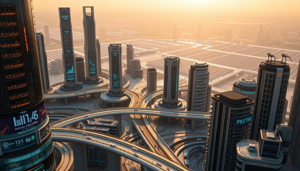 A futuristic cityscape of gleaming skyscrapers and interconnected platforms, bathed in a warm, golden light. In the foreground, a network of elevated walkways and transportation hubs, bustling with AI-powered autonomous vehicles and commuters. The middle ground features towering data centers and server farms, their sleek facades adorned with holographic displays showcasing performance metrics and yield projections. In the background, a sprawling horizon of advanced renewable energy infrastructure, powering the innovative financial technologies that drive the AI-driven staking economy. The overall scene conveys a sense of technological sophistication, efficiency, and a vision of a prosperous, AI-enhanced future.
