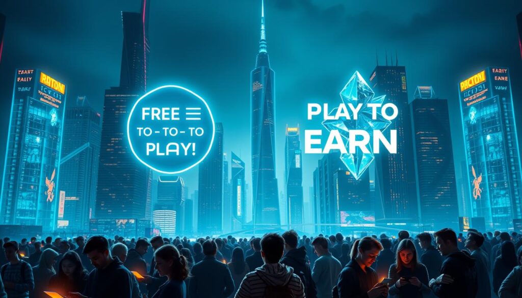 A futuristic cityscape with a stylized comparison of the "free-to-play" and "play-to-earn" gaming models. In the foreground, two holographic icons representing the two models float above a neon-lit city skyline. The free-to-play icon is sleek and minimalist, while the play-to-earn icon has a more organic, crystalline structure. In the middle ground, a crowd of gamers are engaged with their devices, some glowing with wealth, others looking frustrated. The background features towering skyscrapers adorned with dynamic blockchain visualizations, creating an atmosphere of technological innovation and financial opportunity. Dramatic lighting and a moody color palette evoke the high-stakes world of blockchain-based gaming.