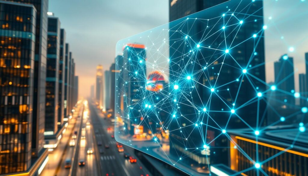 A futuristic cityscape with gleaming skyscrapers and bustling streets. In the foreground, a holographic display showcases a complex network of interconnected blockchain smart contracts, their intricate digital pathways pulsing with energy. The background is bathed in a warm, ambient light, casting a sense of technological wonder and innovation. The scene is captured through a wide-angle lens, emphasizing the scale and scope of this blockchain ecosystem. The overall mood is one of advancement, efficiency, and the seamless integration of digital and physical realms. A futuristic cityscape with gleaming skyscrapers and bustling streets. In the foreground, a holographic display showcases a complex network of interconnected blockchain smart contracts, their intricate digital pathways pulsing with energy. The background is bathed in a warm, ambient light, casting a sense of technological wonder and innovation. The scene is captured through a wide-angle lens, emphasizing the scale and scope of this blockchain ecosystem. The overall mood is one of advancement, efficiency, and the seamless integration of digital and physical realms.