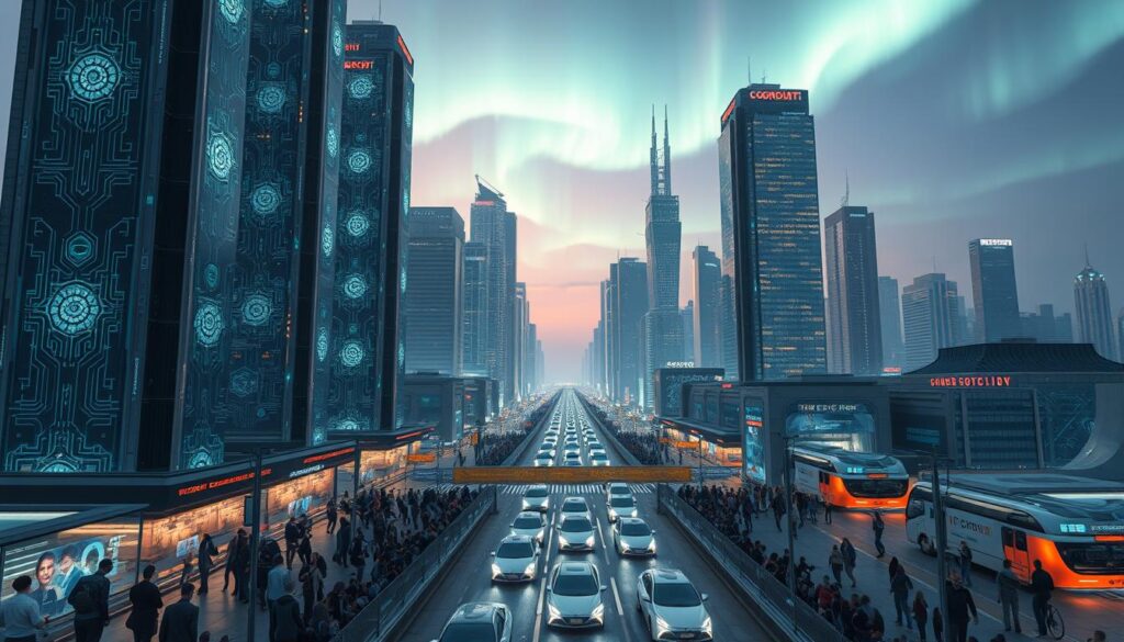 A futuristic cityscape with towering blockchain-powered skyscrapers, their facades adorned with intricate circuitry and holographic displays. In the foreground, a bustling crowd of people interacts with transparent touchscreens, seamlessly executing secure financial transactions. The mid-ground features autonomous vehicles navigating the grid-like streets, their movements choreographed by a decentralized traffic management system. In the background, a vibrant aurora borealis dances across the sky, hinting at the boundless energy powering this blockchain-driven metropolis of tomorrow.