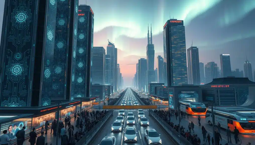 A futuristic cityscape with towering blockchain-powered skyscrapers, their facades adorned with intricate circuitry and holographic displays. In the foreground, a bustling crowd of people interacts with transparent touchscreens, seamlessly executing secure financial transactions. The mid-ground features autonomous vehicles navigating the grid-like streets, their movements choreographed by a decentralized traffic management system. In the background, a vibrant aurora borealis dances across the sky, hinting at the boundless energy powering this blockchain-driven metropolis of tomorrow. A futuristic cityscape with towering blockchain-powered skyscrapers, their facades adorned with intricate circuitry and holographic displays. In the foreground, a bustling crowd of people interacts with transparent touchscreens, seamlessly executing secure financial transactions. The mid-ground features autonomous vehicles navigating the grid-like streets, their movements choreographed by a decentralized traffic management system. In the background, a vibrant aurora borealis dances across the sky, hinting at the boundless energy powering this blockchain-driven metropolis of tomorrow.