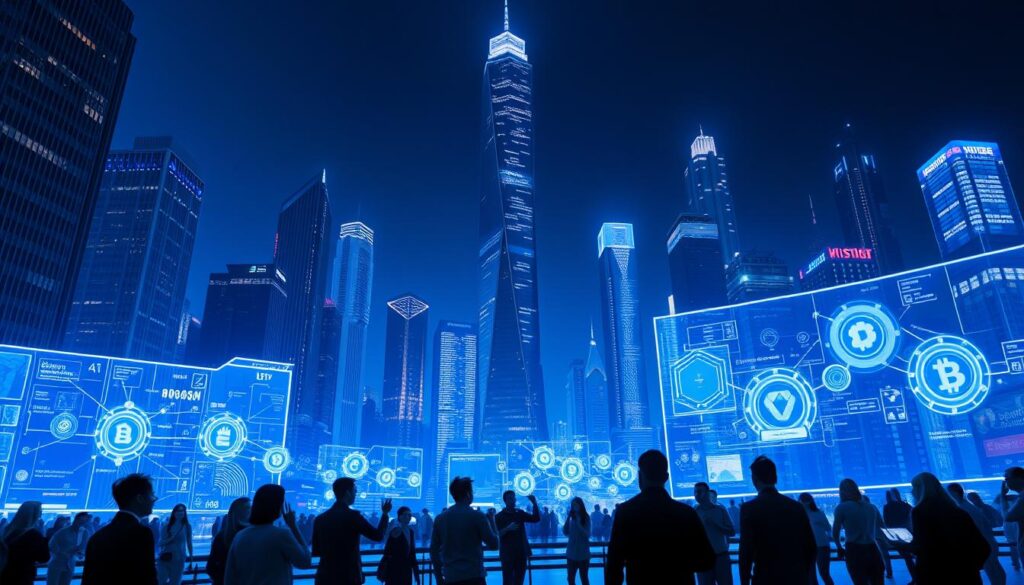 A futuristic cityscape with towering skyscrapers and a network of holographic displays showcasing digital tokens and decentralized applications. In the foreground, a group of people interacting with floating interfaces, using gesture-based controls to manage their crypto holdings and access AI-powered services. The scene is bathed in a cool, blue-tinted lighting, creating an immersive, high-tech atmosphere. The angle is slightly elevated, capturing the scale and complexity of this innovative, token-driven ecosystem. Subtle hints of blockchain iconography and data visualizations hint at the underlying technology powering this futuristic urban landscape.