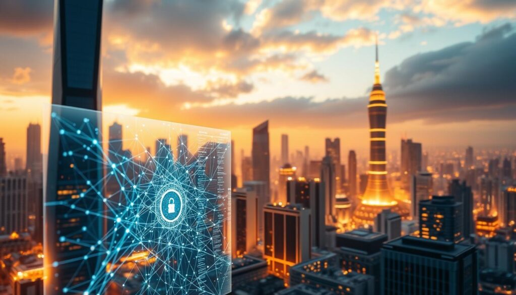 A futuristic cityscape with towering skyscrapers and holographic displays, illuminated by a warm, golden light. In the foreground, a transparent screen depicts a complex network of interconnected nodes, representing the intricate web of smart contracts powering the city's digital infrastructure. The mid-ground features sleek, minimalist interfaces showcasing code snippets and data visualizations, hinting at the powerful tools and analytics driving the city's secure and efficient operations. In the background, a serene and contemplative atmosphere, conveying the deep technical knowledge and rigorous processes that underpin the city's advanced AI-powered security and auditing capabilities.
